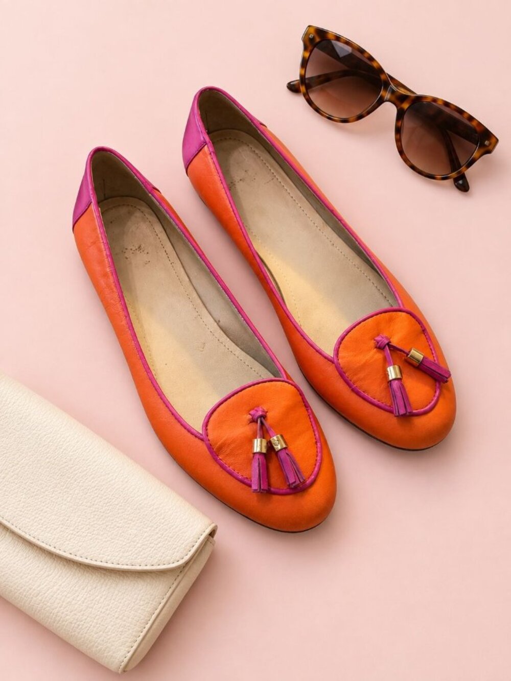 C Wonder Ballet Flats Womens 7.5 Orange Pink Leather Tassel Colorblock Preppy